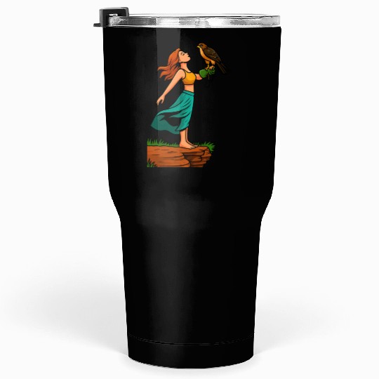 Woman with Hawk on Arm in Nature Scene Tumblers 30 Oz