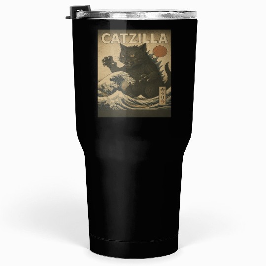 Ukiyo-e Catzilla Retro Japanese Monster Cat Tumblers 30 Oz