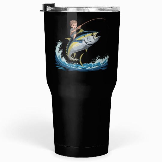 Joyful young boy rides massive jumping tuna Tumblers 30 Oz