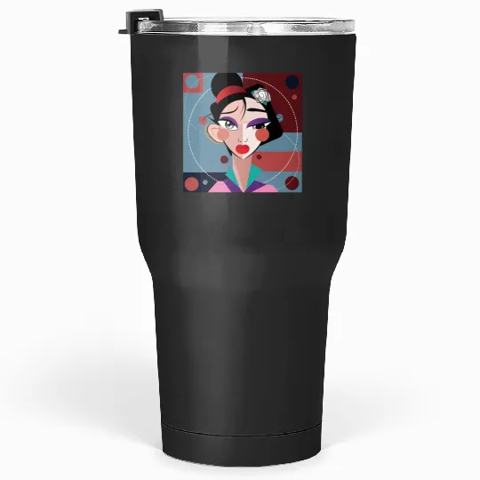 Crimson Essence Serene Beauty in a Short Japanese Kimono with Blue Eyes Sticker: Disney Mulan Anime Mushu, Mulan and Mushu Tumblers 30 oz
