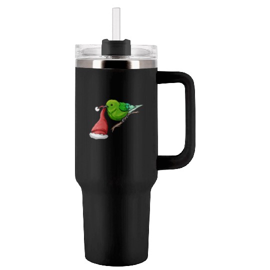 Little Green Bird Carrying Santas Hat In Beak On Tumblers 40 Oz With Handle
