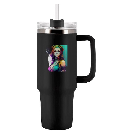 Technicolor Dreams Cyberpunk Girl in Vibrant Hues Tumblers 40 Oz With Handle