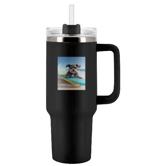 Schnauzer Surfing at Beach On A Surfboard Tumblers 40 Oz With Handle
