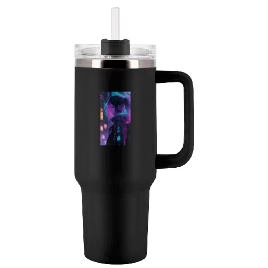 "Neon Dreams" - Anime Girl in Futuristic Cyberpunk Tumblers 40 Oz With Handle