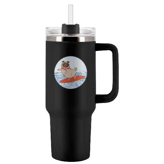 Waves riding pug puppy on surfboard Tumblers 40 Oz With Handle