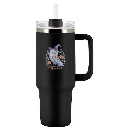 Halloween Owl with Floral Witch Hat Tumblers 40 Oz With Handle