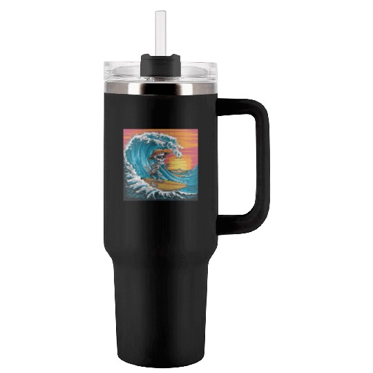 Surfing Skeleton Vibes Surfing Lifestyle Retro Tumblers 40 Oz With Handle