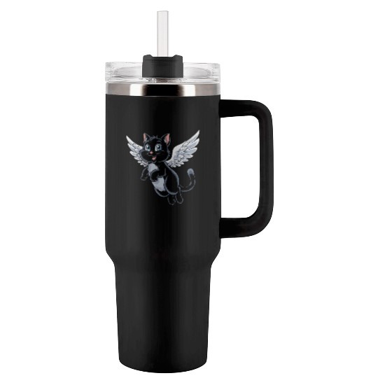 Black Cat with Angel Wings Tumblers 40 Oz With Handle
