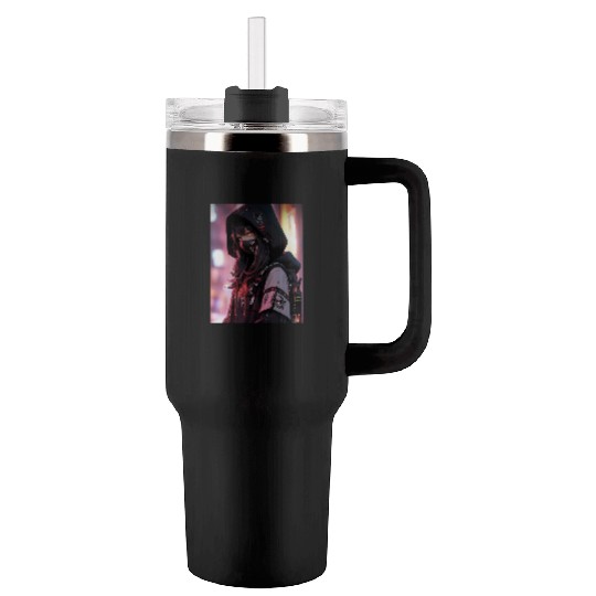 Cyberpunk Hooded Girl with Neon Accents Tumblers 40 Oz With Handle