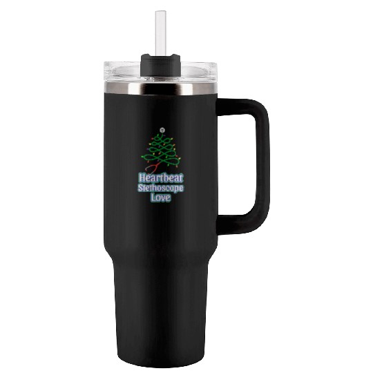Festive Christmas Tree Heartbeat Design Tumblers 40 Oz With Handle
