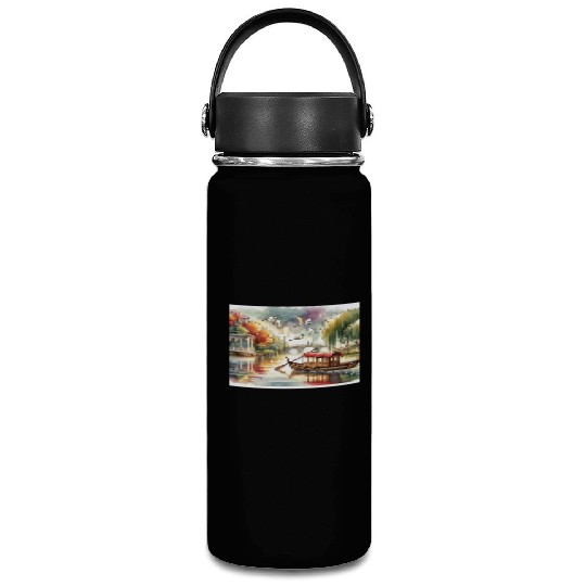 Serene Autumn Lake Scene with Swans and Bridge Vacuum Flask