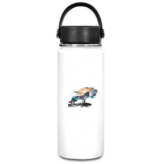 Mountain Wolf Multicolor Watercolor Portrait Vacuum Flask