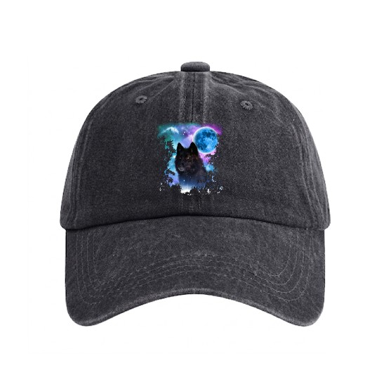 Black Wolf MidNight Forest Washed Denim Baseball Caps