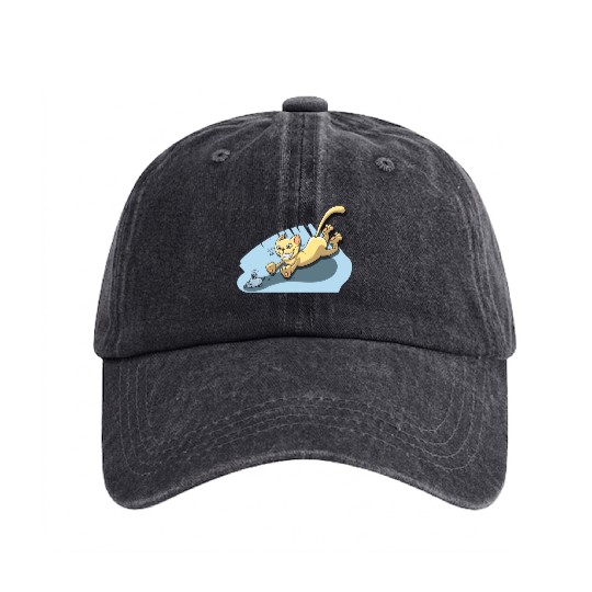 Cat Running After Rat - Tom and Jerry Illustration Washed Denim Baseball Caps