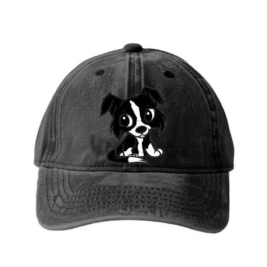 border collie bw cartoon Washed Denim Baseball Caps