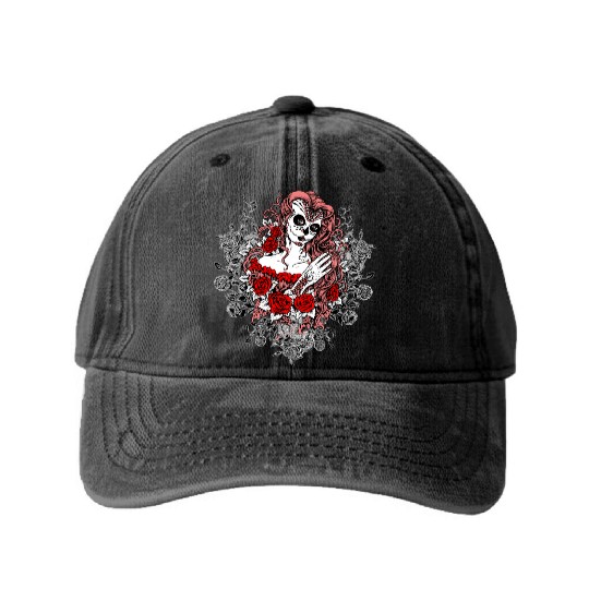 Santa Muerte Holy Woman Skull Mexico Dead Saint Washed Denim Baseball Caps