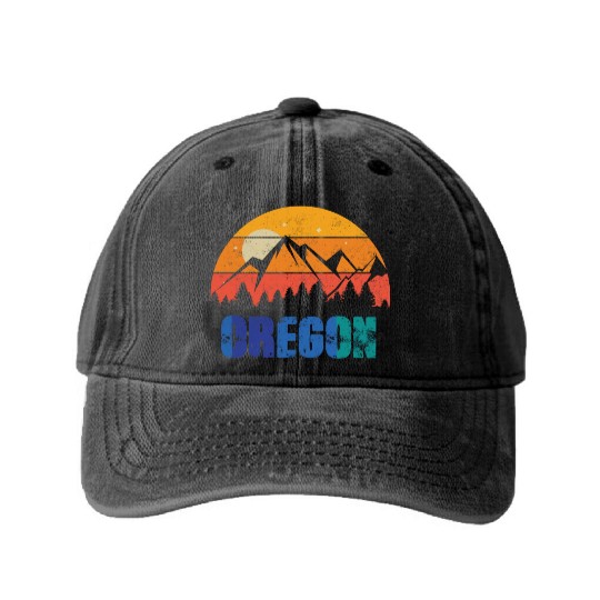 Retro Vintage Oregon With Mountain And Forest Washed Denim Baseball Caps