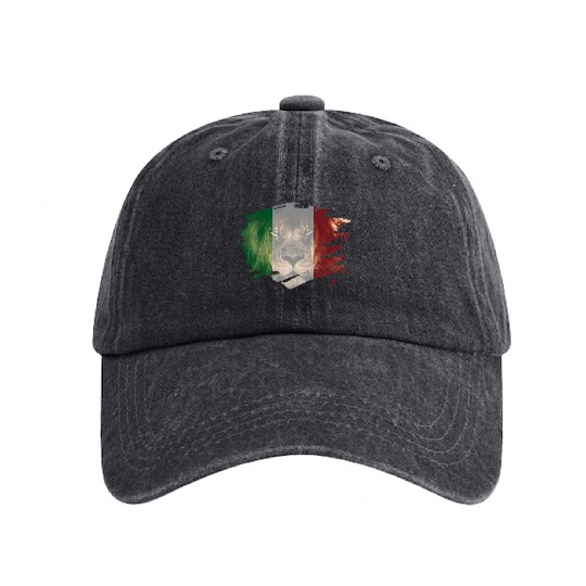 Italy Flag & African Lion Picture Washed Denim Baseball Caps