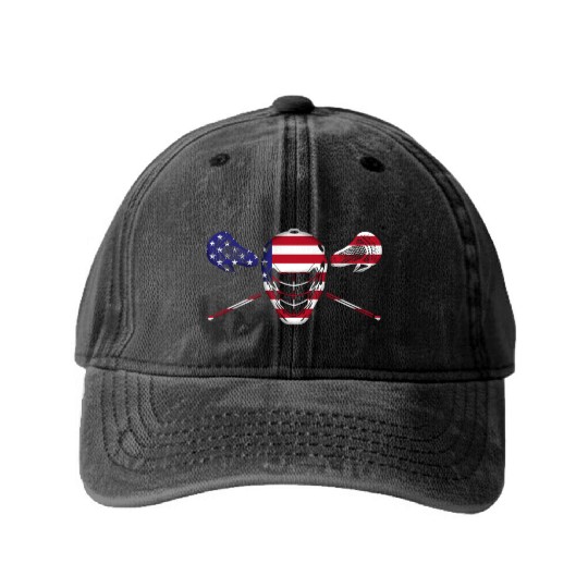 American Flag Lacrosse - Lacrosse Mask Gift Washed Denim Baseball Caps