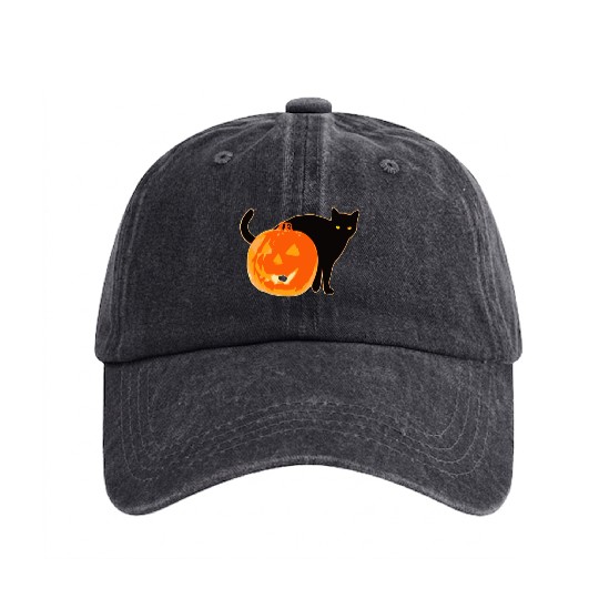 Halloween Black Cat Jack o Lantern Pumpkin Funny Washed Denim Baseball Caps
