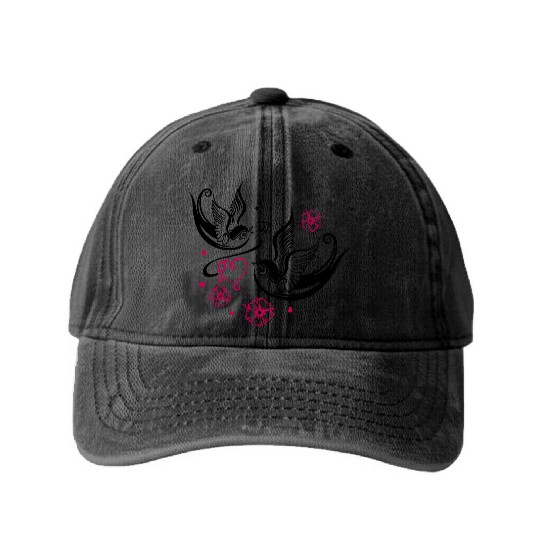Sakura Cherry Blossom Swallow Birds Spring Flowers Washed Denim Baseball Caps