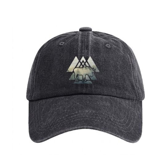Elk Moose Silhouette Mountain Forest Washed Denim Baseball Caps
