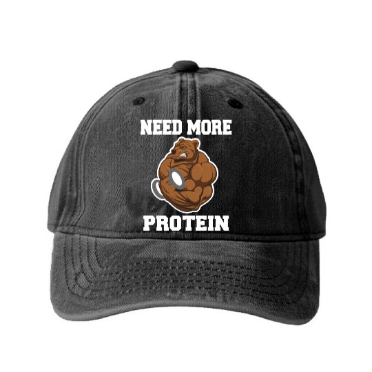 Fitness Gym Bear - Protein Grizzly Bear Washed Denim Baseball Caps