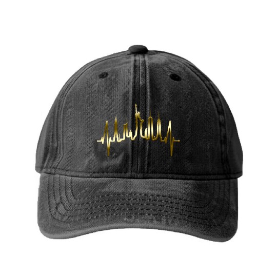 New York City Heartbeat Manhattan Skyline USA Gold Washed Denim Baseball Caps