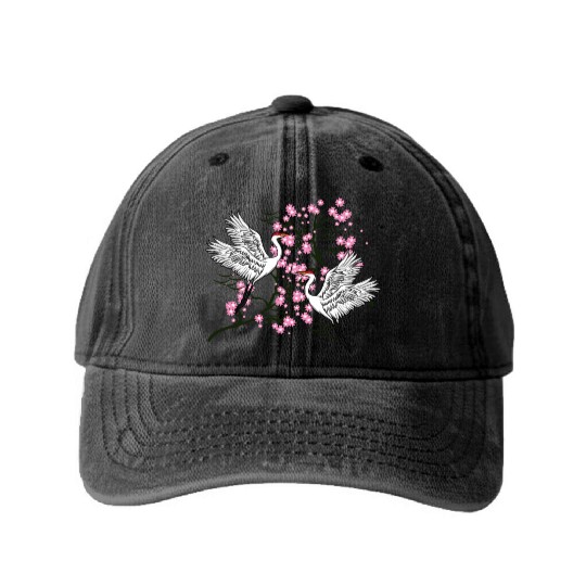 Crane Cherry Blossom Japanese traditional gift Washed Denim Baseball Caps