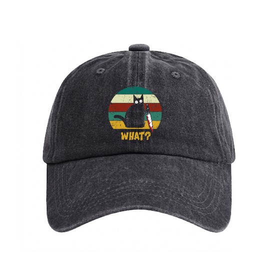 WHAT Murderous Cat With Knife Vintage Halloween Washed Denim Baseball Caps