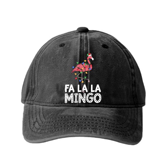 Fa La La Mingo Flamingo Christmas Tree Lights Washed Denim Baseball Caps