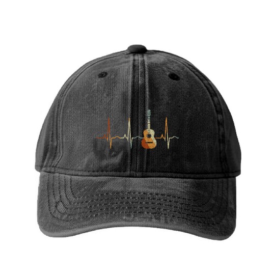 Vintage Acoustic Guitar Heartbeat Washed Denim Baseball Caps