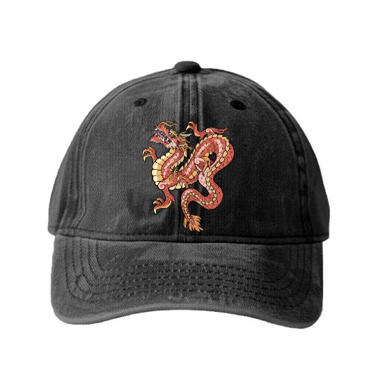 big red chinese dragon Washed Denim Baseball Caps