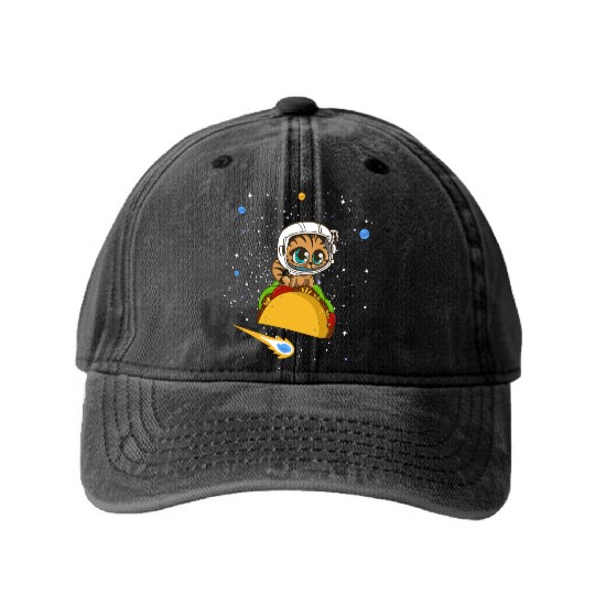 Taco Cat In Space Washed Denim Baseball Caps Dancing Cat Taco