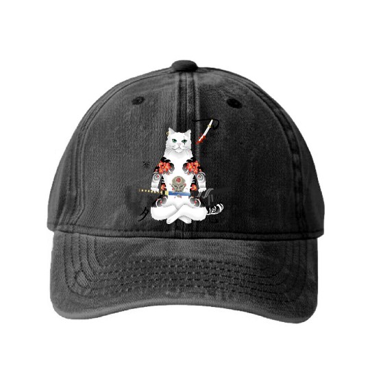 Japanese Samurai Cat Katana Ninja Yakuza Tattoo Washed Denim Baseball Caps