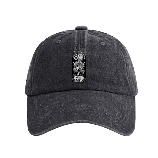 Gothic flower and bones Washed Denim Baseball Caps