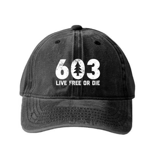 Live Free or Die 603 tree New Hampshire Washed Denim Baseball Caps