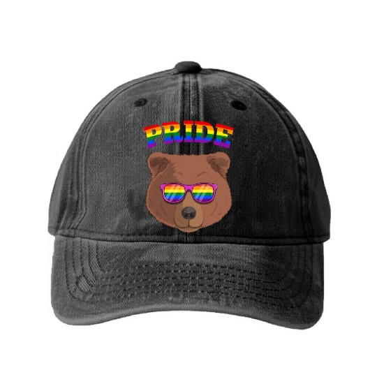Gay Pride Grizzly Bear with LGBT Rainbow Washed Denim Baseball Caps