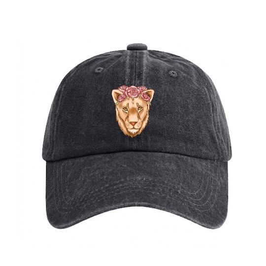 Lioness Watercolor female lion with flowers Washed Denim Baseball Caps