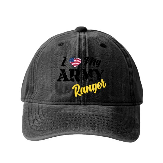 Proud US Army Ranger American Military Family Flag Washed Denim Baseball Caps