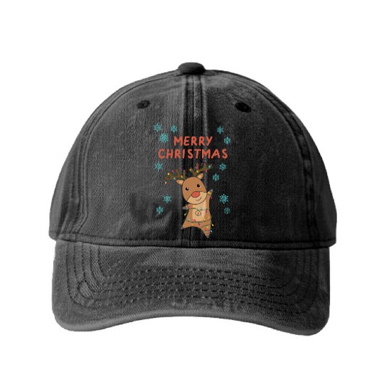 Merry Christmas Rudolph Red Nose Reindeer Snow Washed Denim Baseball Caps