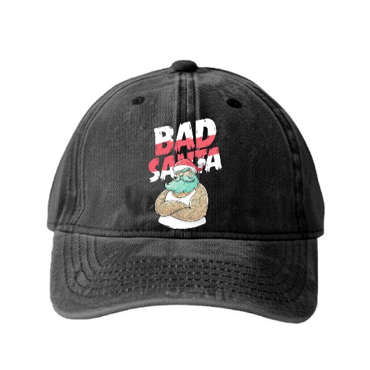 Bad Santa Claus Christmas Tattoo Washed Denim Baseball Caps