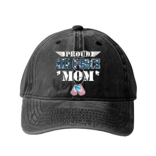 Proud Air Force Mom Us Flag Dog Tags Wings Militar Washed Denim Baseball Caps