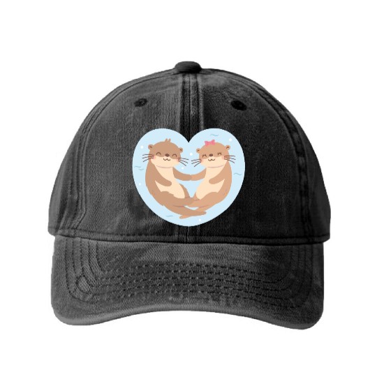Otter Couple In Love Blue Heart Washed Denim Baseball Caps