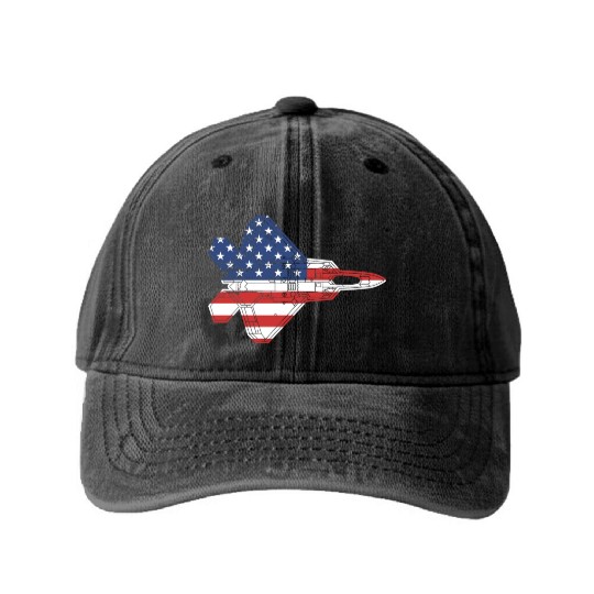 F-22 Raptor Fighter Jet Airplane American Flag F22 Washed Denim Baseball Caps
