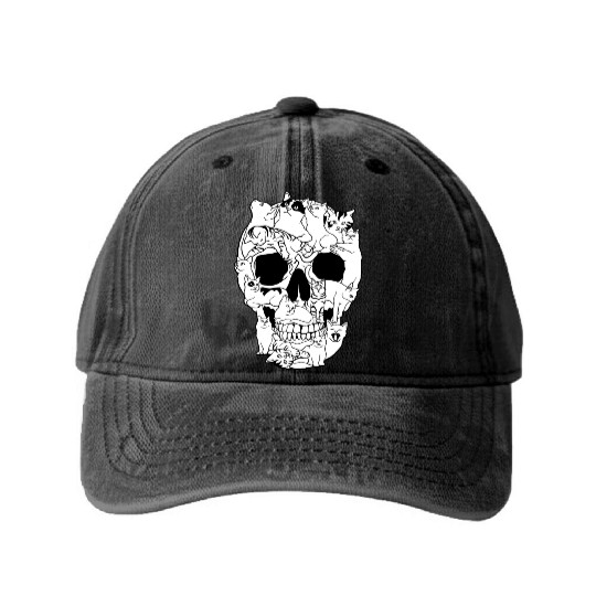 Cat Skull Kitty Skeleton Grunge Style Funny Cat Bo Washed Denim Baseball Caps