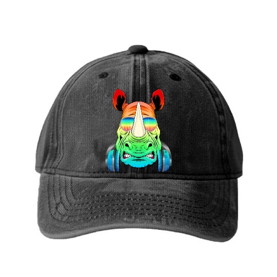 Rhino Rhinoceros Music DJ - Africa Collection Washed Denim Baseball Caps