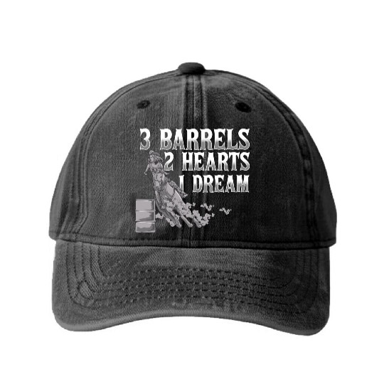 3 Barrels 2 Hearts 1 Dream Horse Barrel Racing Washed Denim Baseball Caps