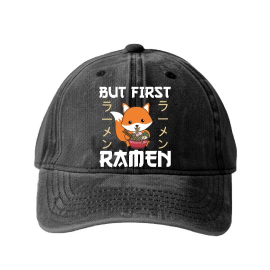 Fox Powered By Ramen Cute Kawaii Foxes Washed Denim Baseball Caps
