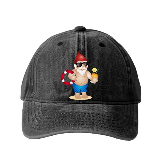 Garden gnome with swimming trunks and lifebuoy Washed Denim Baseball Caps